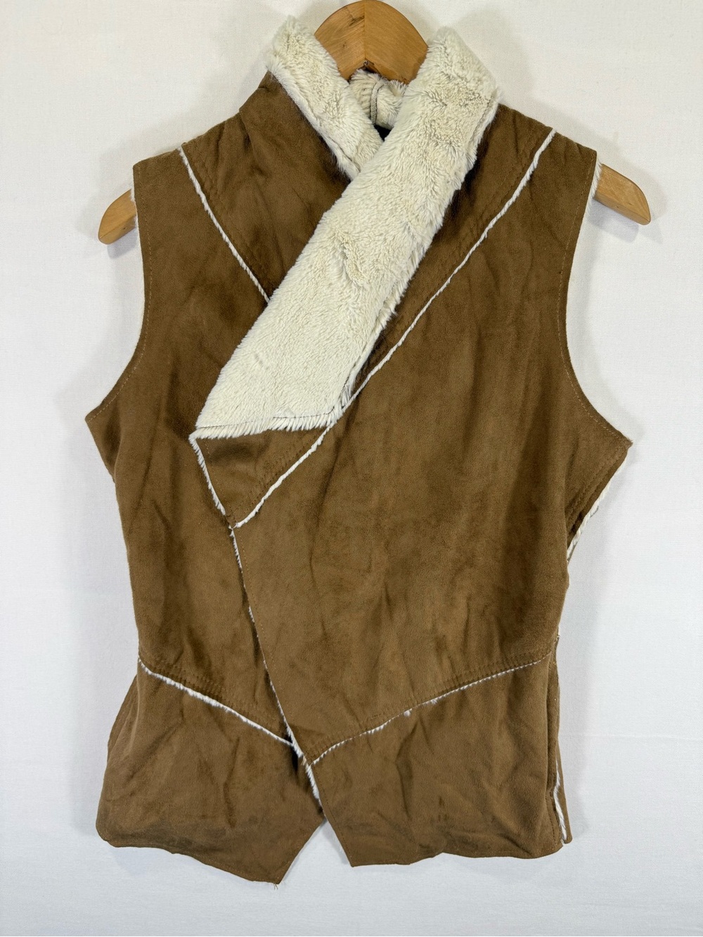 Me Jane Brown Faux-Suede Vest with Cream Shearling Collar